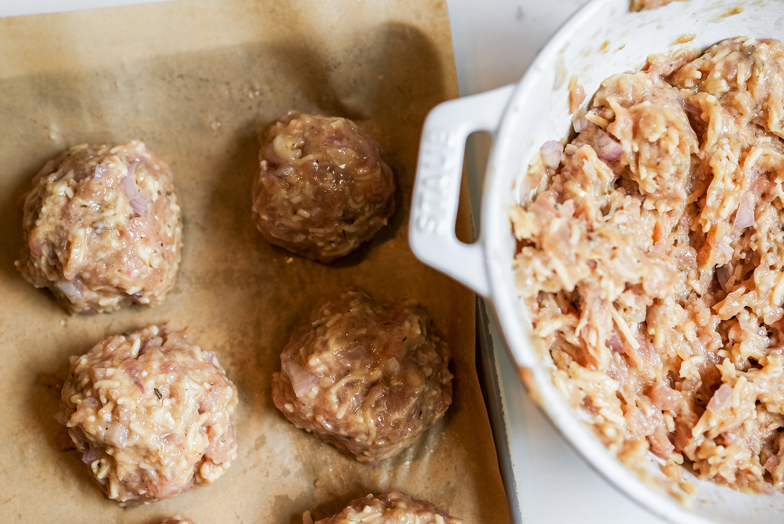 Oven baked sourdough discard chicken meatballs freshly formed sourdough discard chicken meatballs arranged on a parchment lined baking sheet brushed lightly with olive oil and prepped for oven baking A savory and easy high protein dinner recipe Sourdough afterglow Raw sourdough discard chicken meatballs arranged on a parchment-lined baking sheet, ready for oven baking