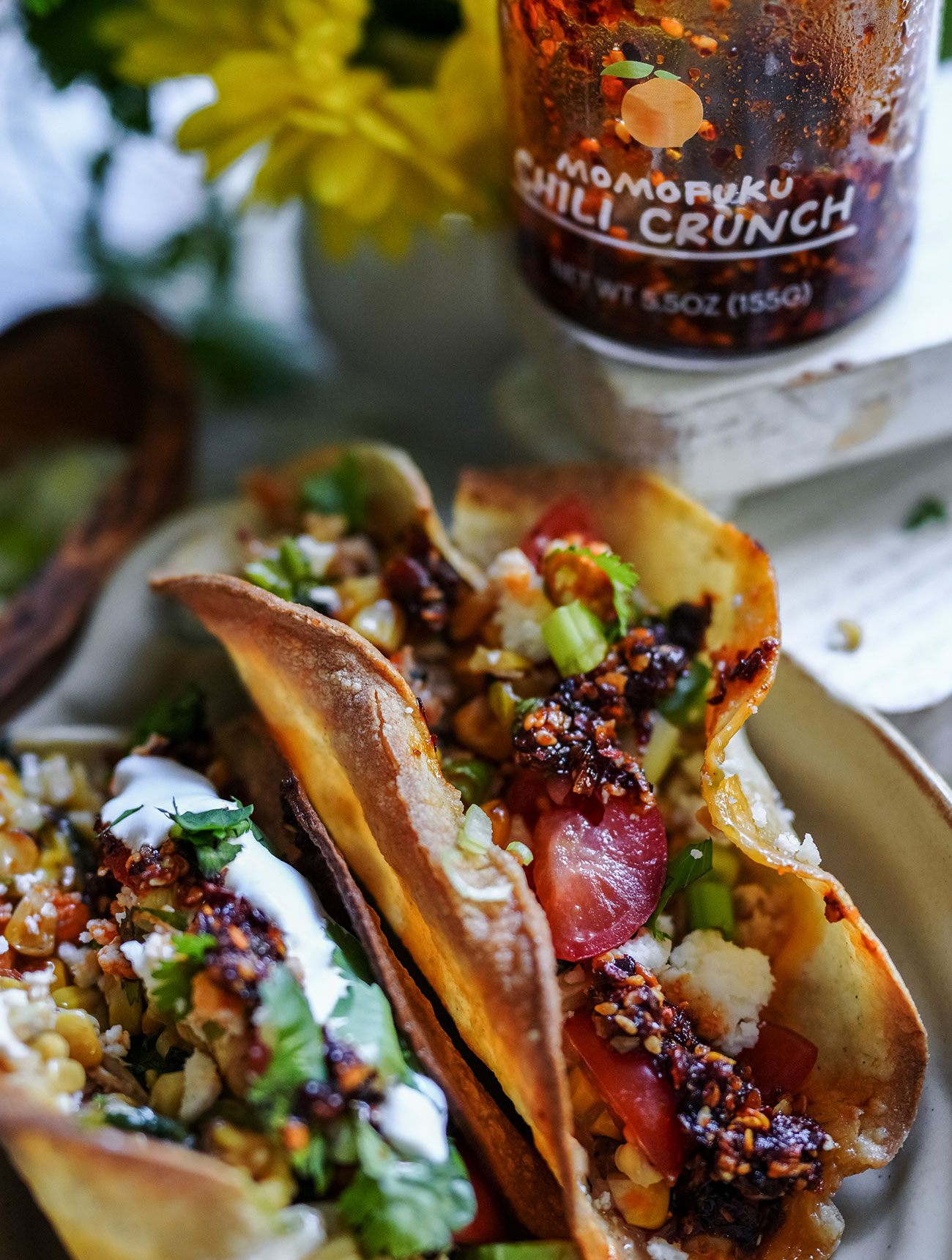 Crispy chicken tacos with corn salsa a beautifully assembled crispy taco with every ingredient layered to perfectiontender chicken creamy corn salsa avocado green onion cotija cheese and a bold finishing drizzle of chili crunch A taco that delivers flavor in every bite Sourdough afterglow Crispy taco filled with chicken, corn salsa, avocado, green onion, cotija cheese, and finished with a layer of chili crunch