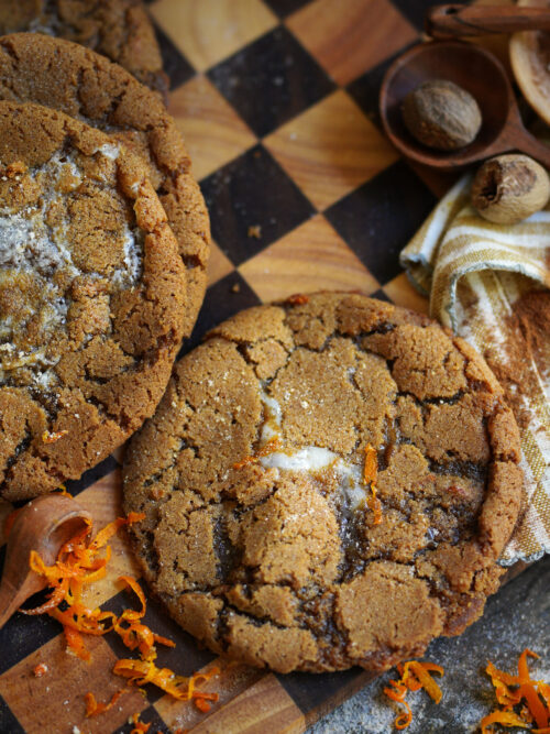 Thin chewy brown butter sourdough spice cookies with crackly cinnamon sugar tops and a hint of orange zest