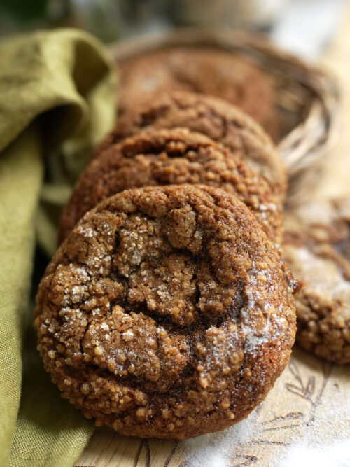 Soft and chewy sourdough gingersnap cookie with a crackled sugar top, warm spice texture, and cozy holiday styling.